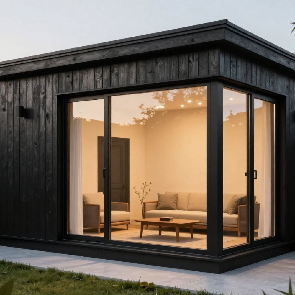 Modern garden room with soft lighting in Eastbourne garden